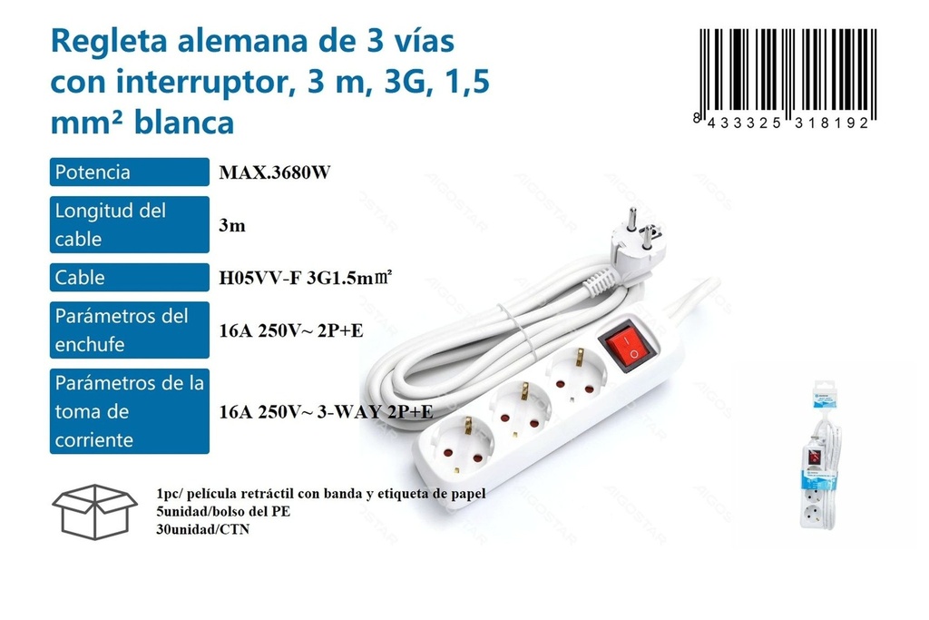  Regleta alemana de 3 vías con interruptor 3m blanca - Material eléctrico y regletas