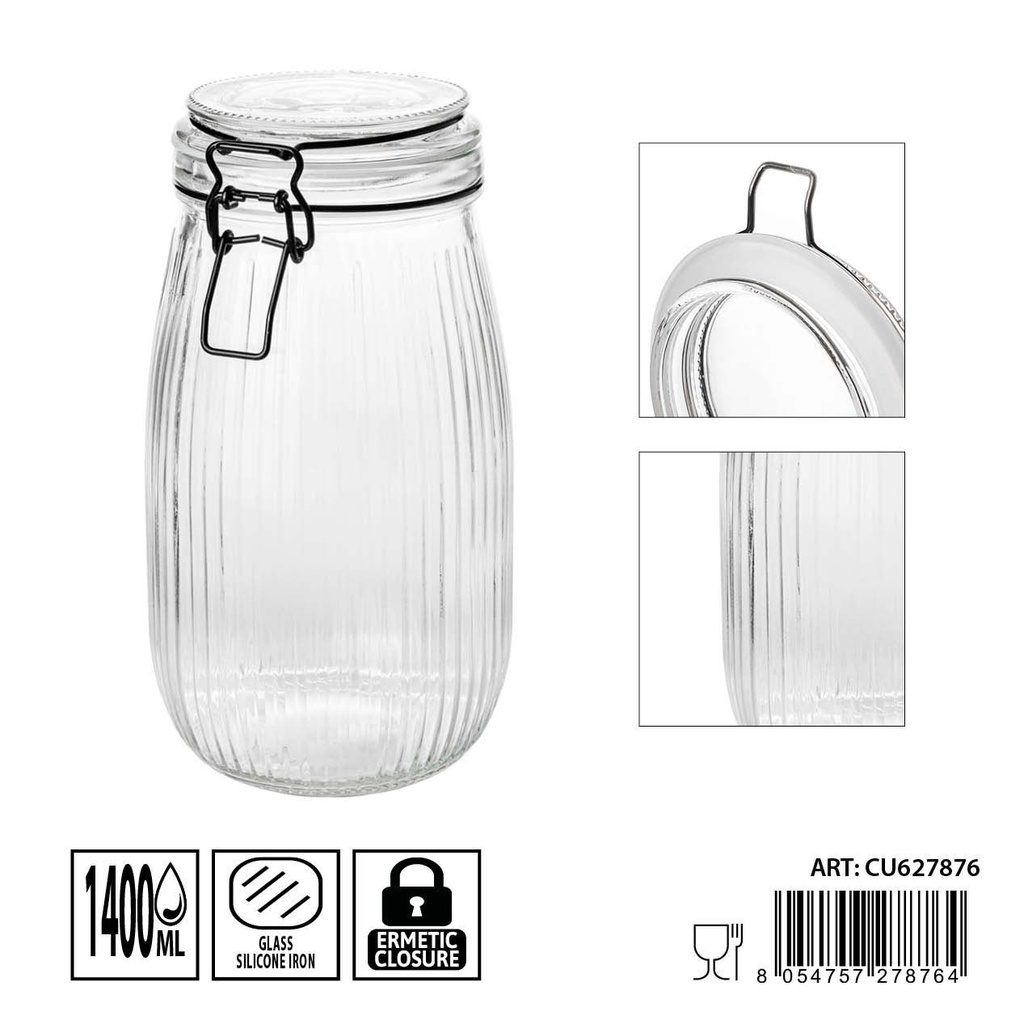 Tarro de cristal hermético 1.4L - Almacenamiento y conservación de alimentos (12.8x12.8x17.4 cm)