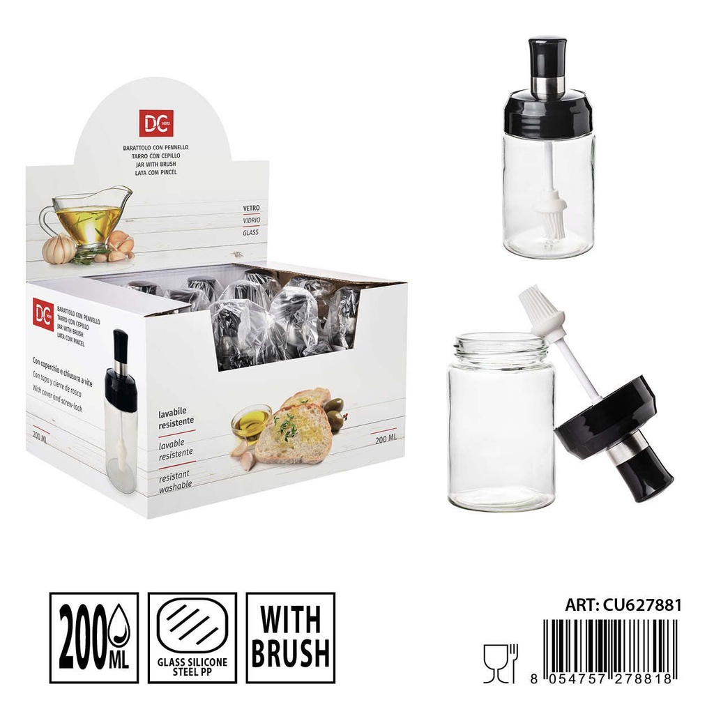 Bote de cristal con pincel 200 ml - Dispensador y almacenamiento de líquidos (6.5x15.5 cm)
