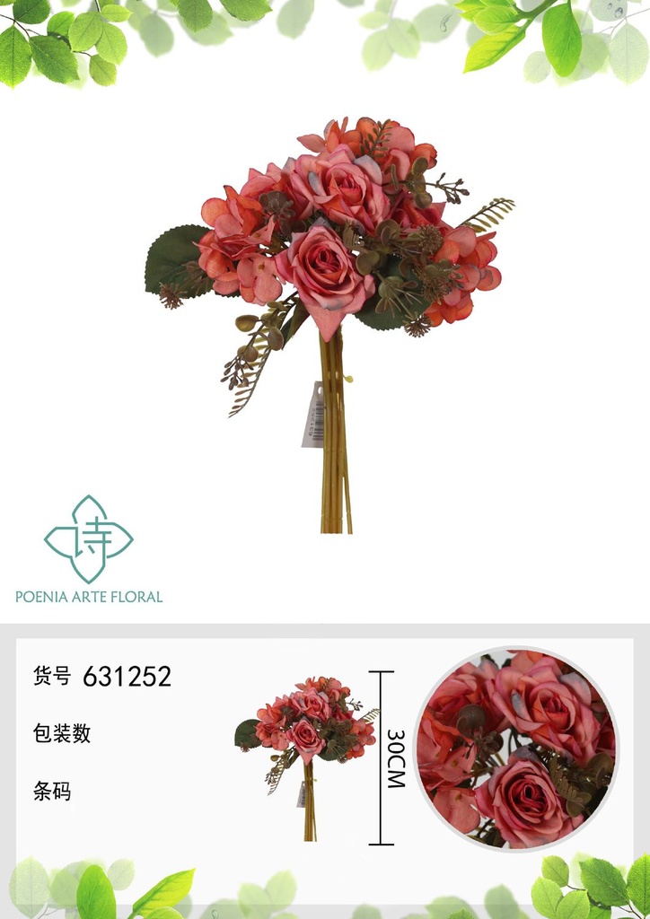Ramo de flores artificiales con rosas de 30 cm - Decoración floral