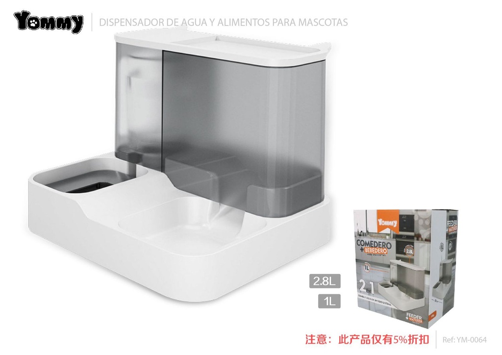 Dispensador de alimento y agua para mascotas gris 1L+2.8L - Accesorios para mascotas