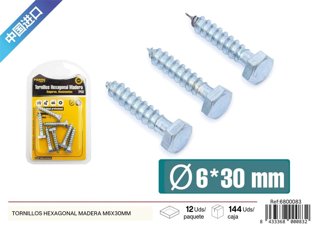 Tornillos hexagonal madera M6*30 mm - Accesorios de ferretería
