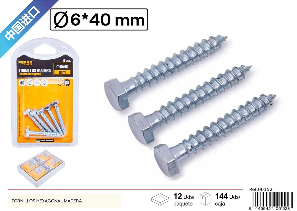 Tornillos hexagonal madera M6*40 - Accesorios de ferretería