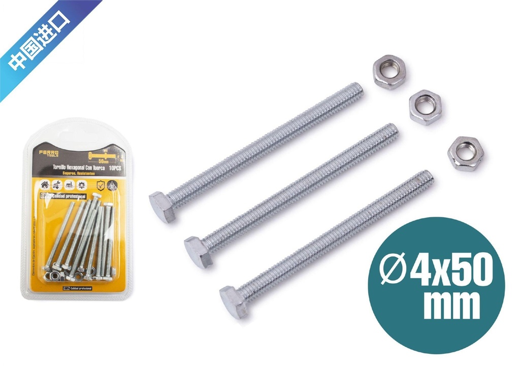 Tornillos hexagonales con tuercas 4*50mm - Ferretería y accesorios