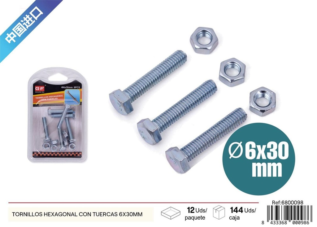 Tornillos hexagonal con tuercas 6*30 mm - Accesorios de ferretería