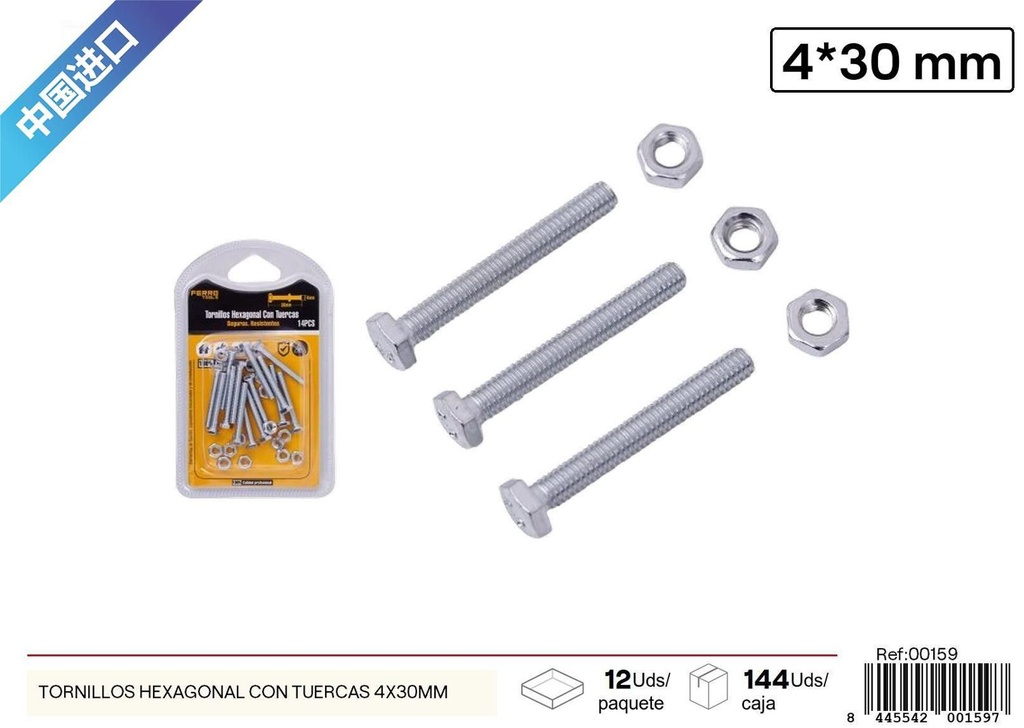 Tornillos hexagonal con tuercas 4*30 mm - Accesorios de ferretería