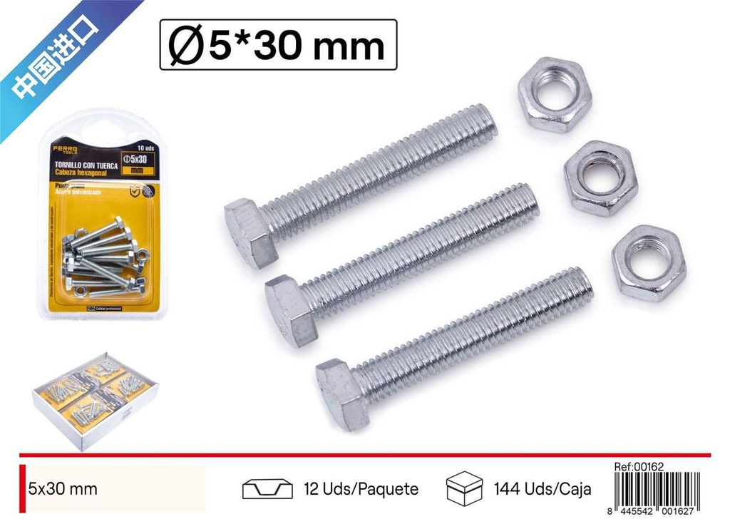 Tornillos hexagonal con tuercas 5*30 mm - Accesorios de ferretería