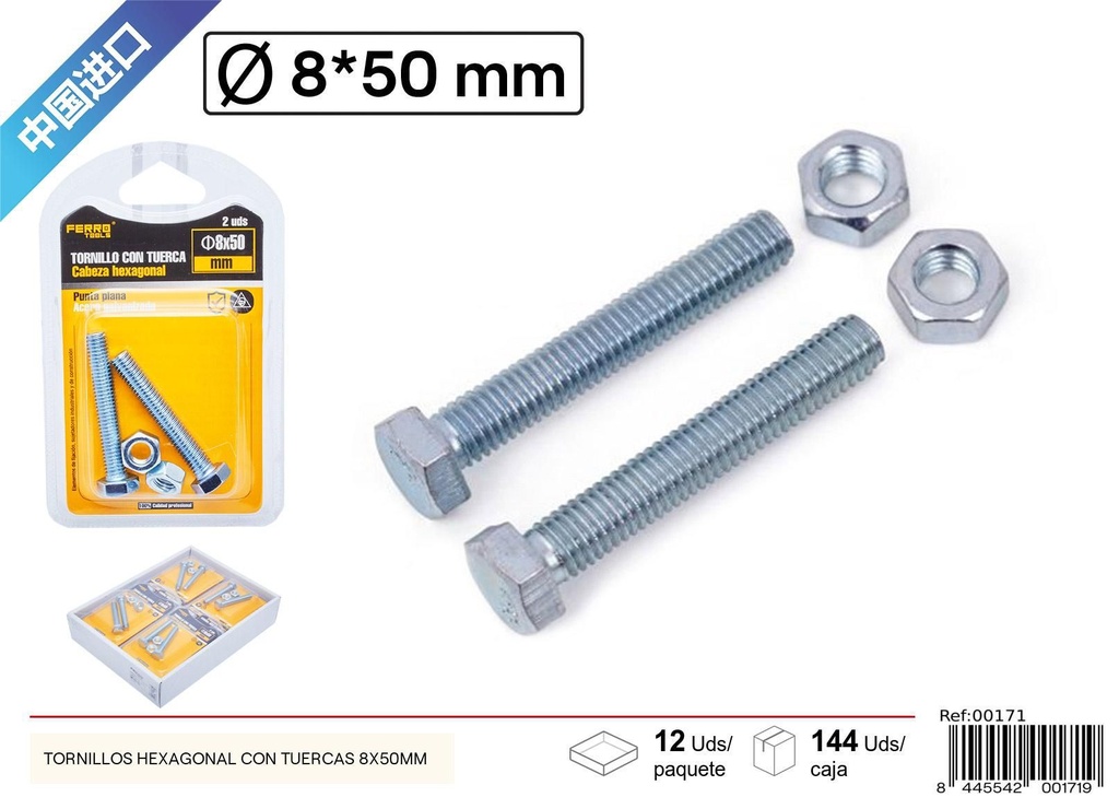 Tornillos hexagonales con tuercas 8x50 mm - Herramientas y ferretería