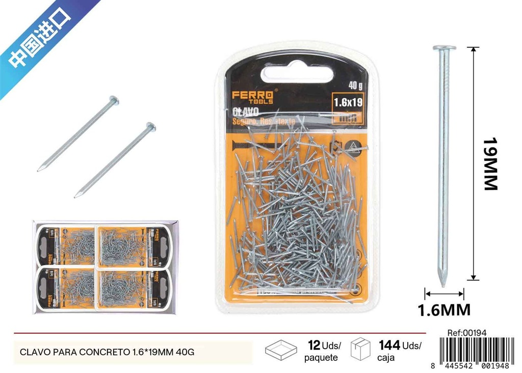Clavo para concreto 1.6*19 mm 40 g - Accesorios de ferretería