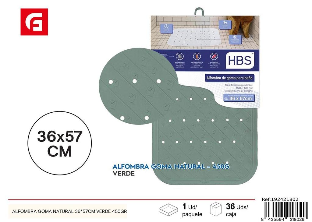 Alfombra de goma natural verde de 36x57 cm - Tapete antideslizante para el baño