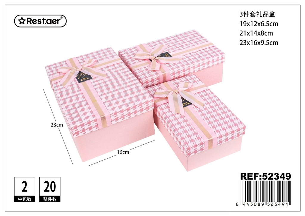 Set de 3 cajas de regalo rectangulares rosas 23x16x9.5 cm 