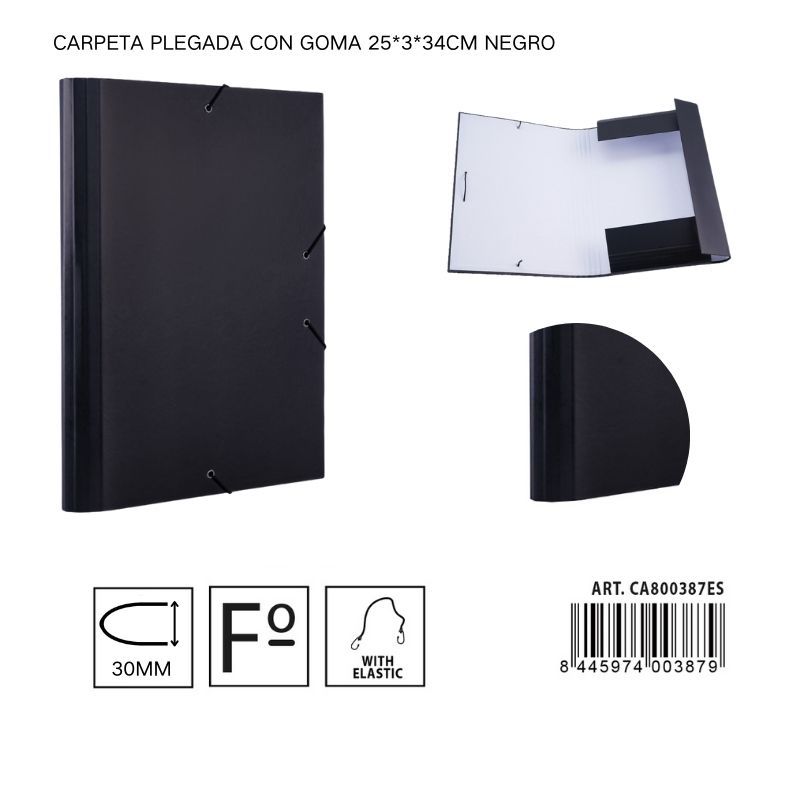 Carpeta plegada de papel con goma negra 25*3*34 cm - Carpeta organizadora de documentos