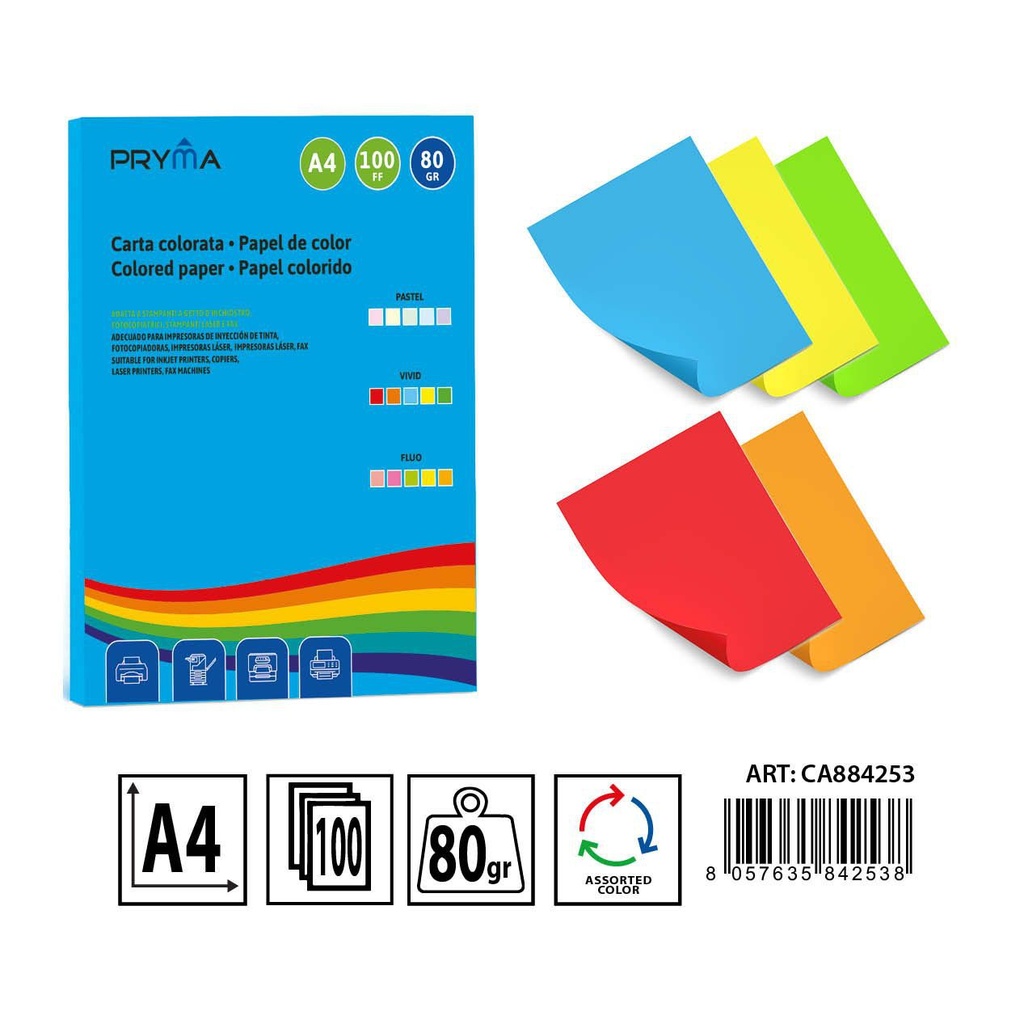Papel de colores vivos A4 100FF 80g - Pack de papel para manualidades