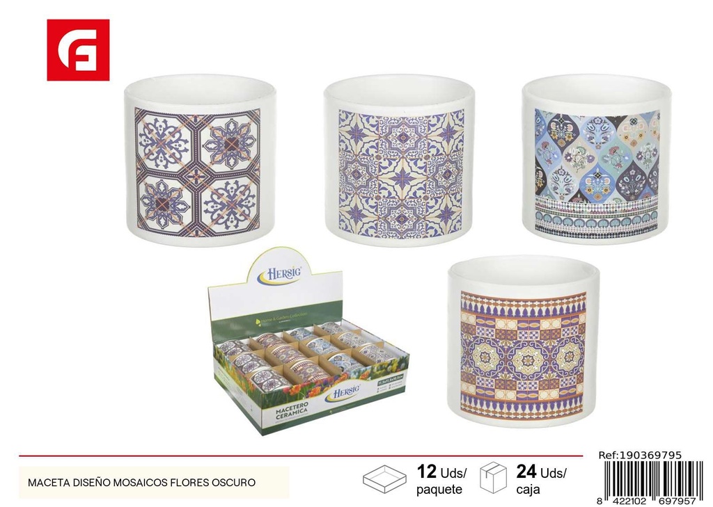 Maceta diseño mosaicos flores oscuro - Decoración de jardín y macetas