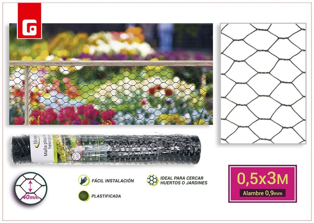 Malla metálica hexagonal plastificada 0.5x3m 40mm 0.9mm - Materiales de jardín y protección