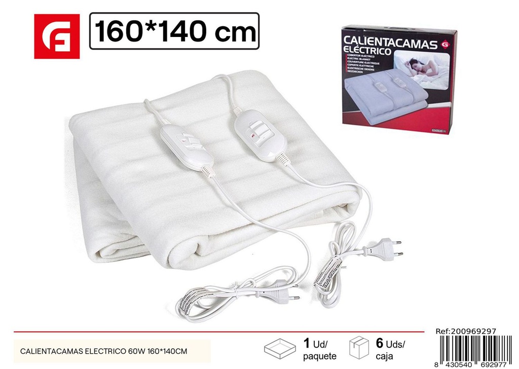 Calentacamas eléctrico 60W 160x140 cm - Confort de sueño y calentamiento