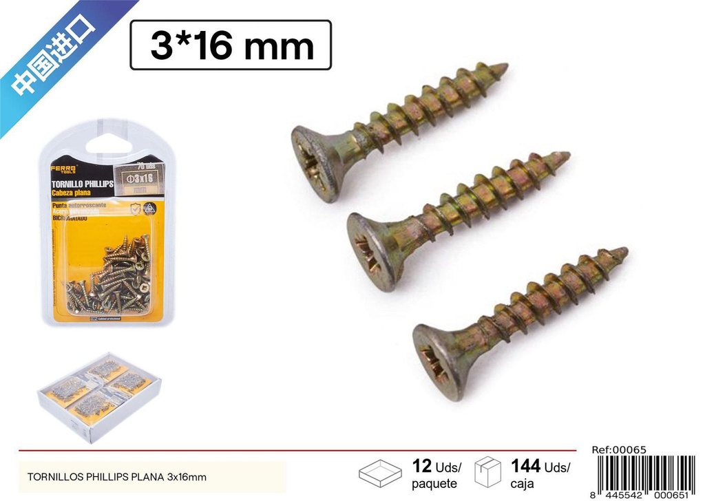Tornillos Phillips plana de fibra 3*16mm - Accesorios de ferretería y fijación