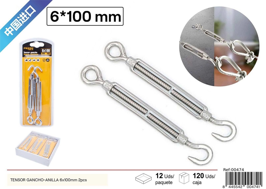 Tensor de gancho-anilla 6x100 mm 2 piezas - Accesorios de ferretería
