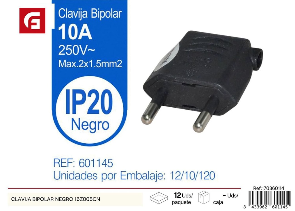 Clavija Bipolar Negra 16Z005CN - Suministros Eléctricos y Conectores