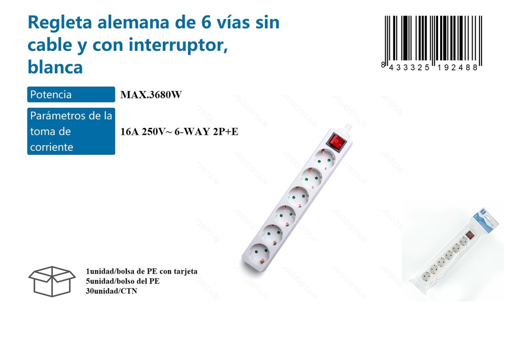 Regleta alemana de 6 vías sin cable y con interruptor, blanca - Accesorios eléctricos
