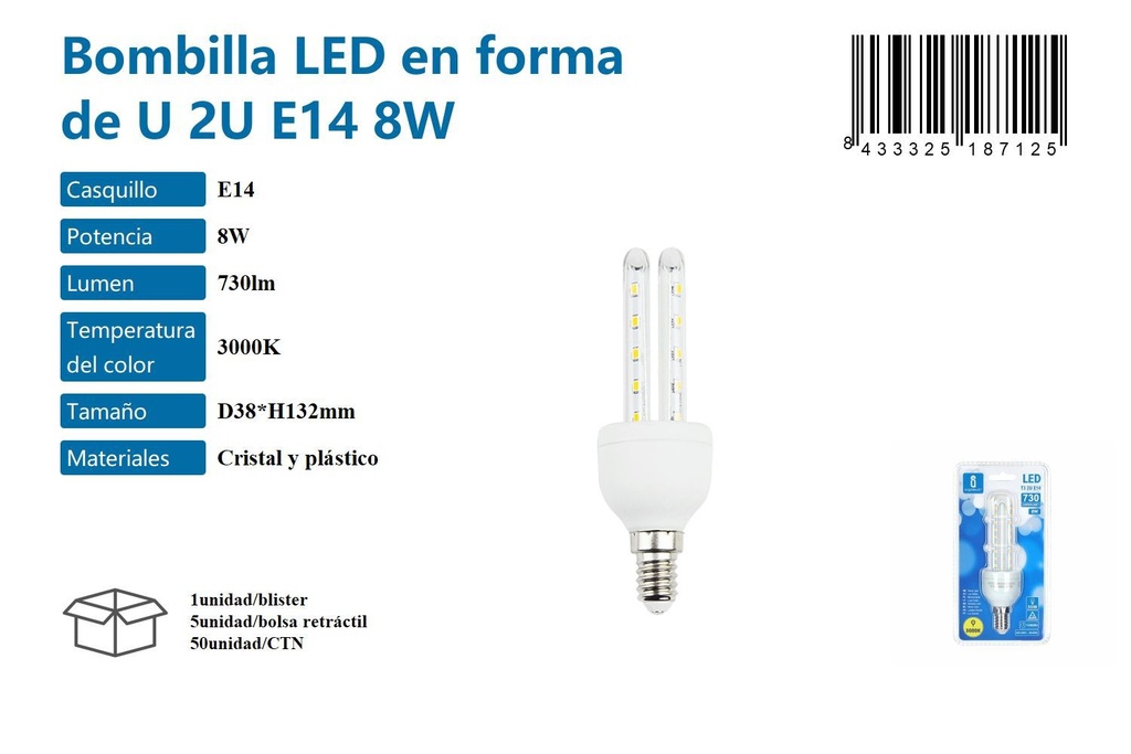 Bombilla LED en Forma de U 2U E14 8W 3000K - Iluminación y Bombillas LED