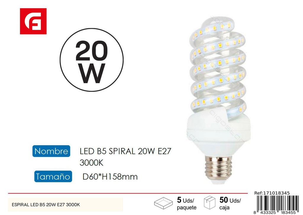 Bombilla LED espiral E27 20W 3000K - Iluminación LED