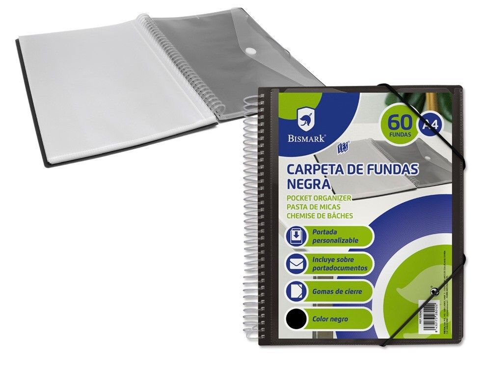Carpeta espiral PP Bismark negra 60 fundas - Material de oficina y archivadores
