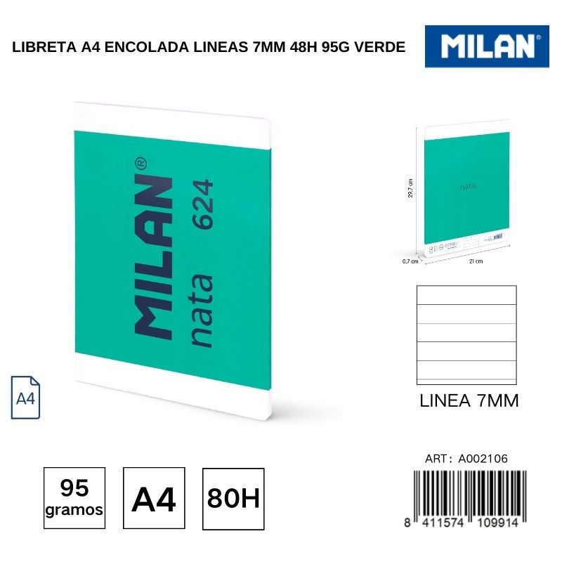 Libreta A4 encolada líneas 7mm 48h 95g color verde - Artículos de papelería y cuadernos