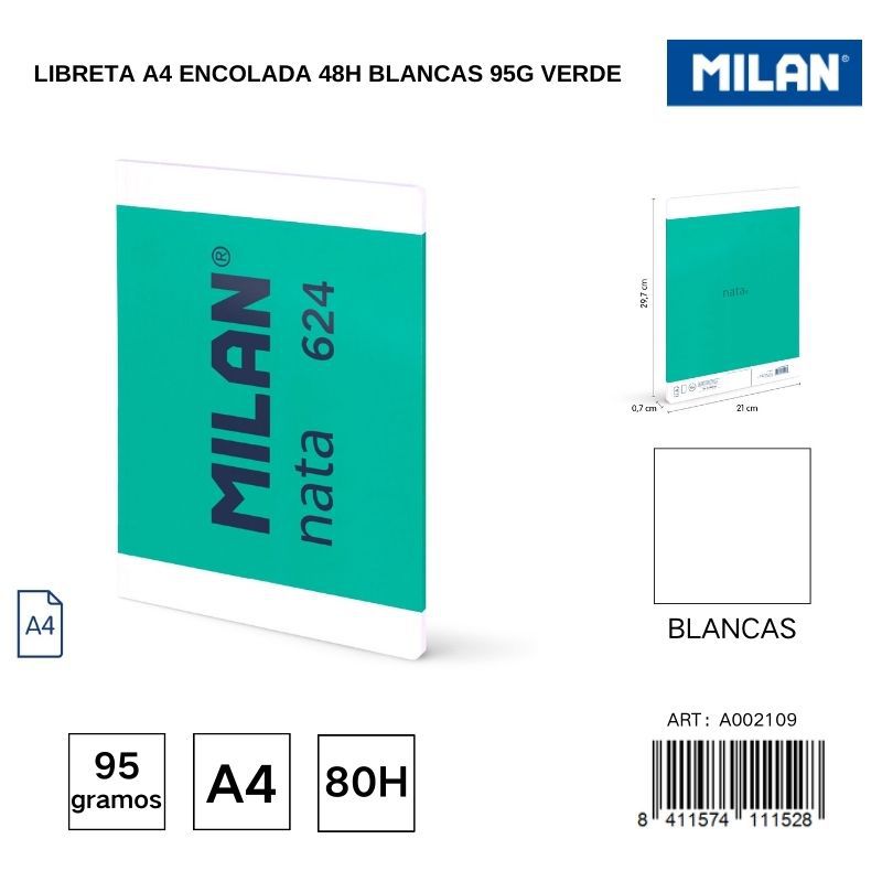Libreta A4 encolada 48h blancas 95g color verde - Artículos de papelería y cuadernos