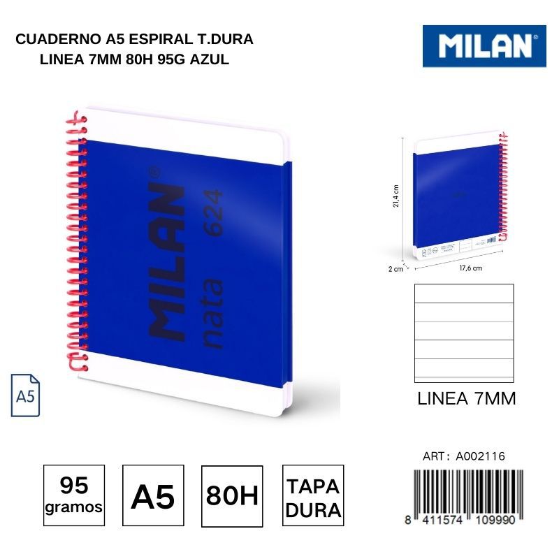 Cuaderno A5 espiral T.Dura línea 7 mm 80h 95g azul - Cuadernos escolares y de oficina