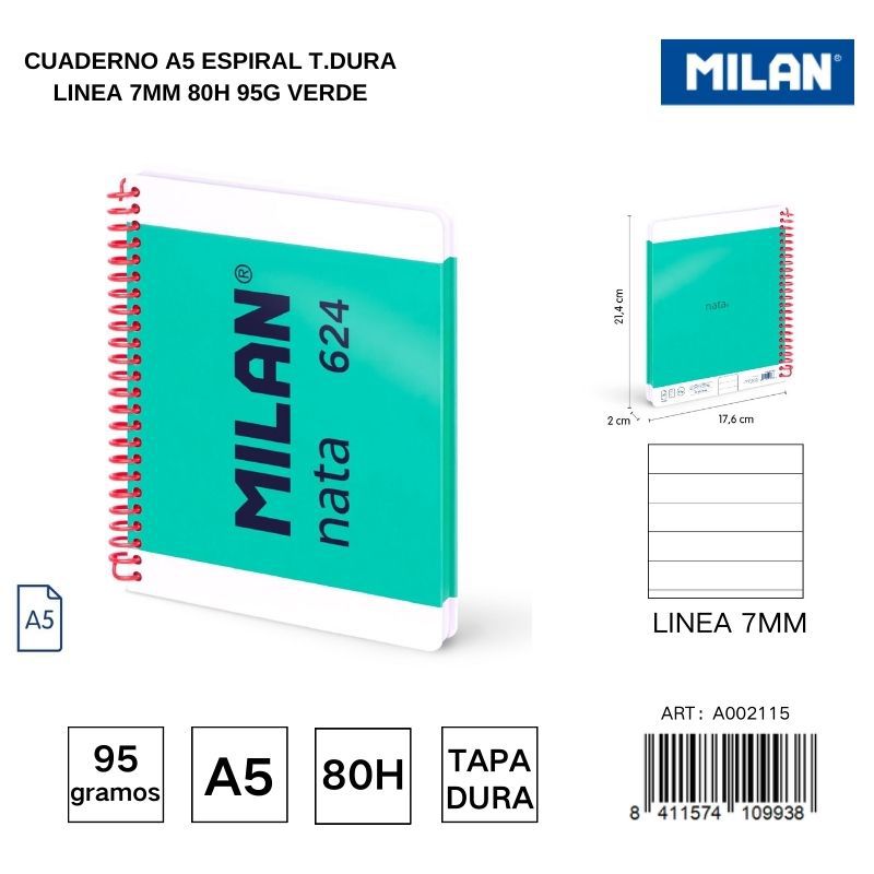 Cuaderno A5 espiral T.Dura línea 7 mm 80h 95g verde - Cuadernos escolares y de oficina