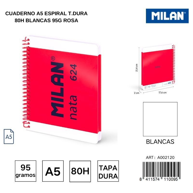 Cuaderno A5 espiral T.Dura 80h blancas 95g rosa - Cuadernos escolares y de oficina