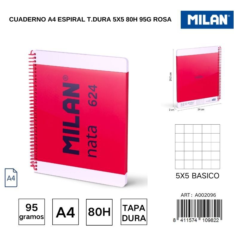 Cuaderno A4 espiral T.Dura 5x5 80h 95g rosa - Cuadernos escolares y de oficina
