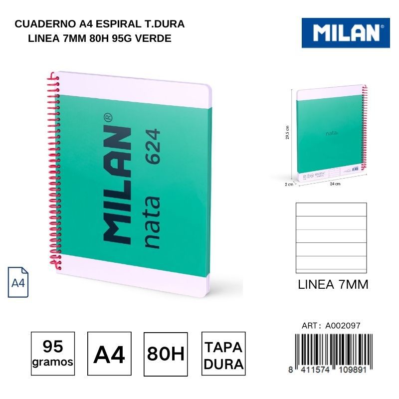 Cuaderno A4 espiral T.Dura línea 7 mm 80h 95g verde - Cuadernos escolares y de oficina