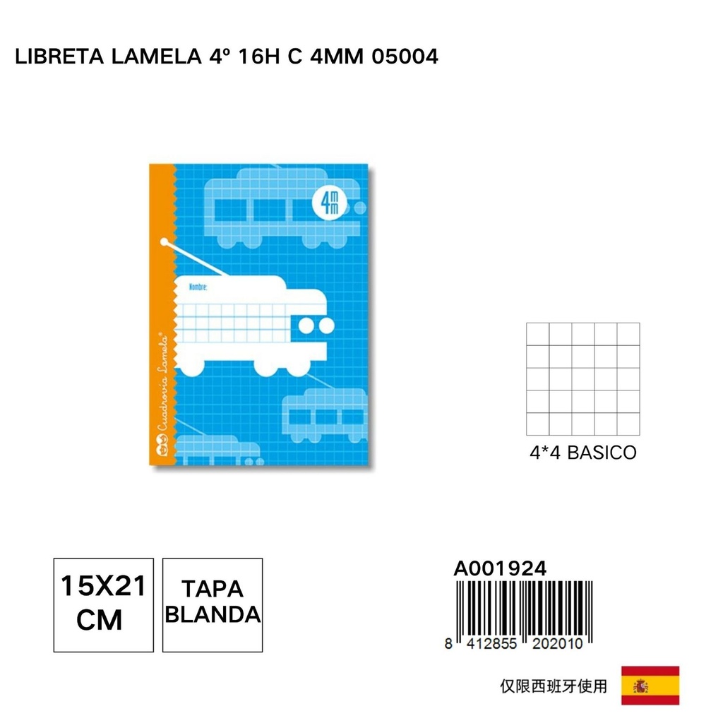 Libreta Lamela 4º 16 hojas con cuadrícula 4mm - Papelería básica