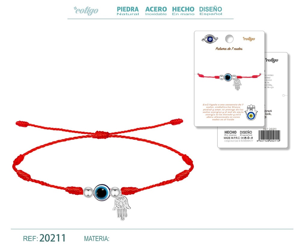 Pulsera de 7 nudos con ojo turco y mano de Fátima en acero - Joyería protectora
