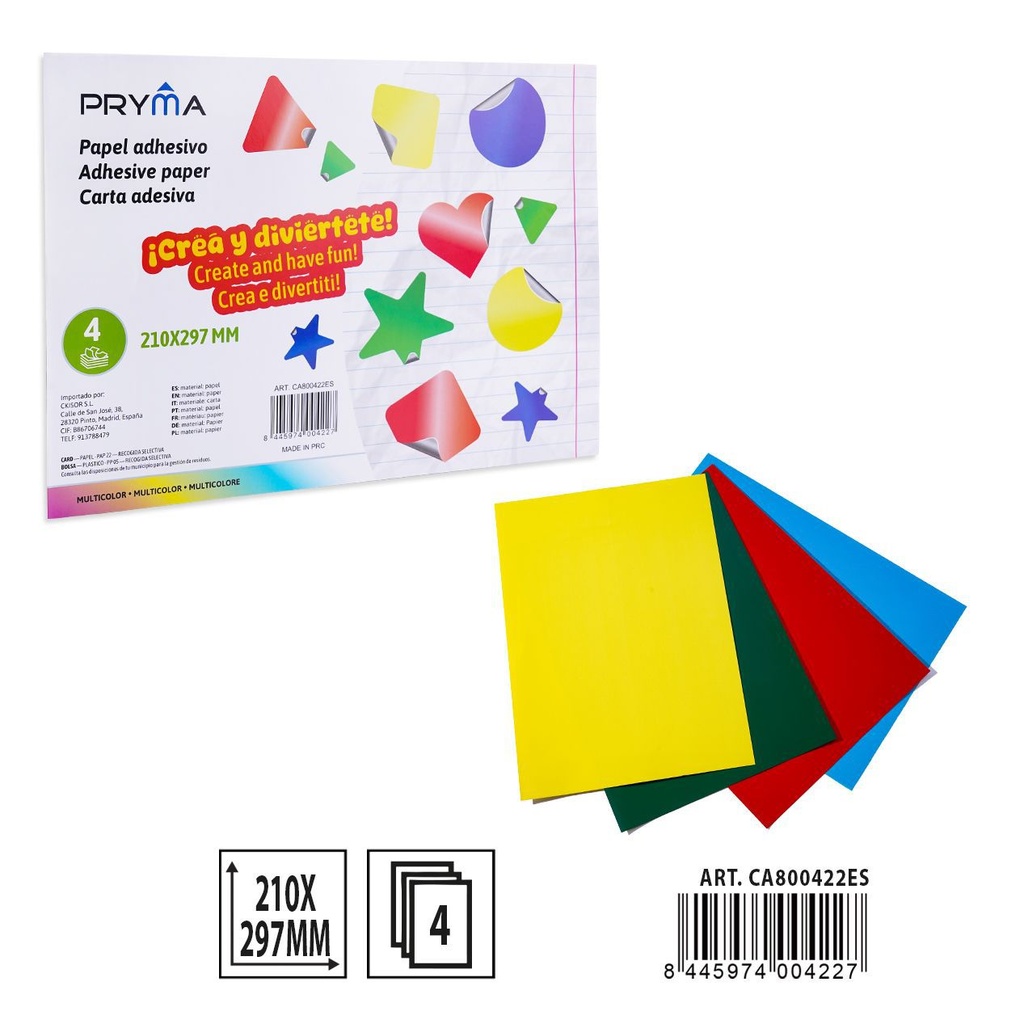 PAPEL MANUALIDADES ADHESIVO A4 4FF 210X297MM - Material para manualidades
