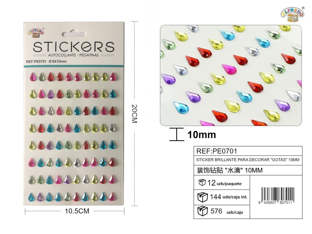 Sticker brillante “gotas” 10 mm 10,5x20 cm - Pegatinas decorativas de diamantes y perlas