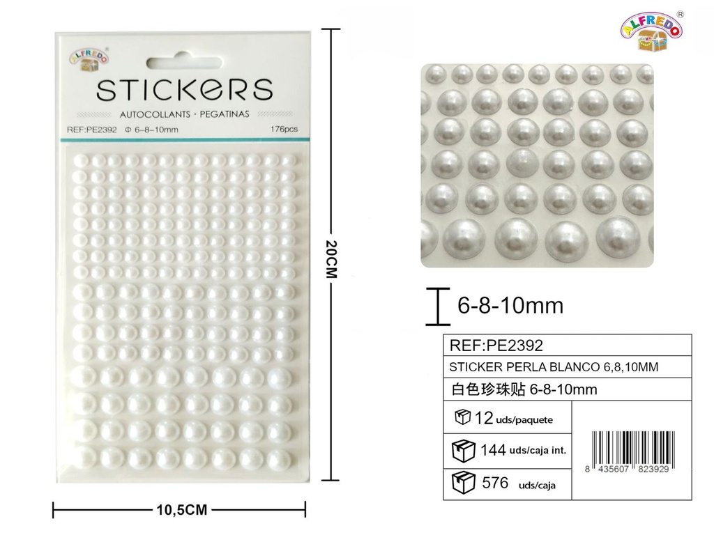 Sticker perla blanca 6,8,10 mm - 176 piezas 10,5x20 cm - Pegatinas decorativas de diamantes y perlas