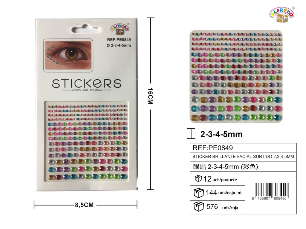 Sticker brillante facial surtido 2,3,4,5 mm 8,5x16 cm - Pegatinas decorativas de diamantes y perlas