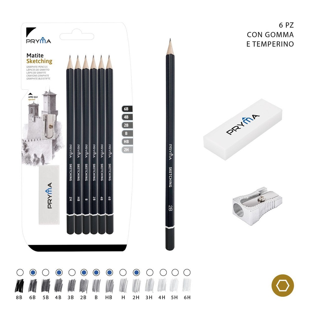 Lápiz de dibujo con goma de borrar + sacapuntas 8 piezas - Material de arte
