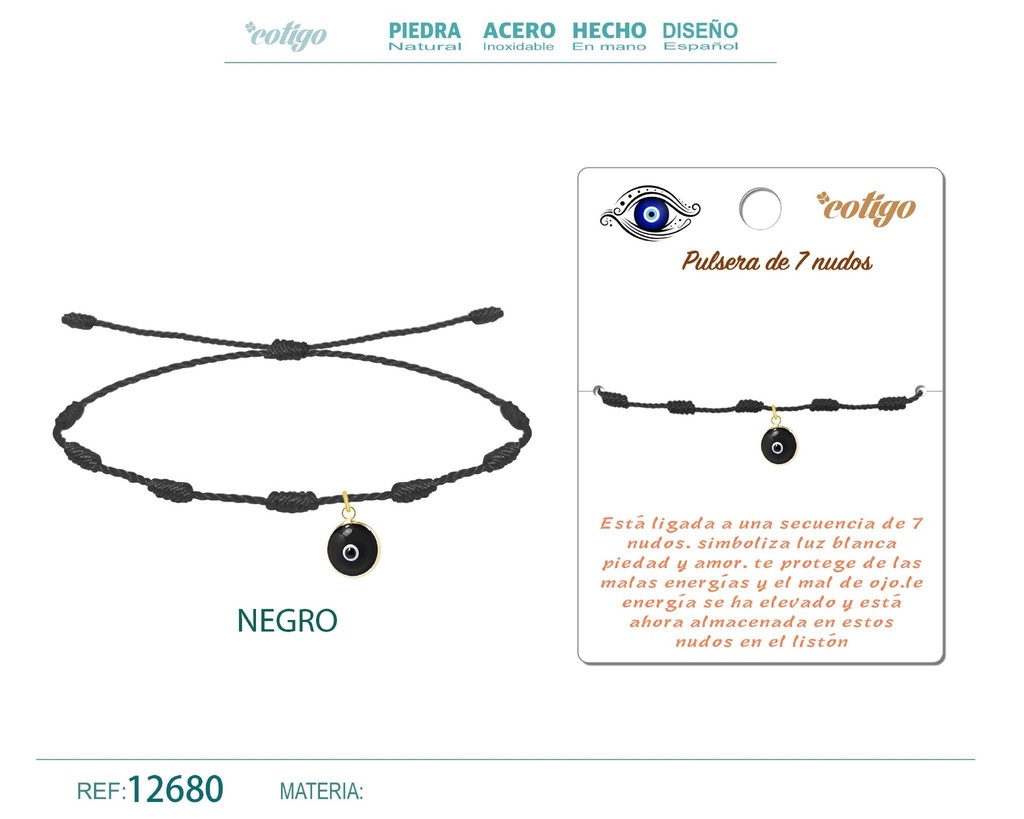 Pulsera de 7 nudos color negro con ojo turco - Joyería de nudos