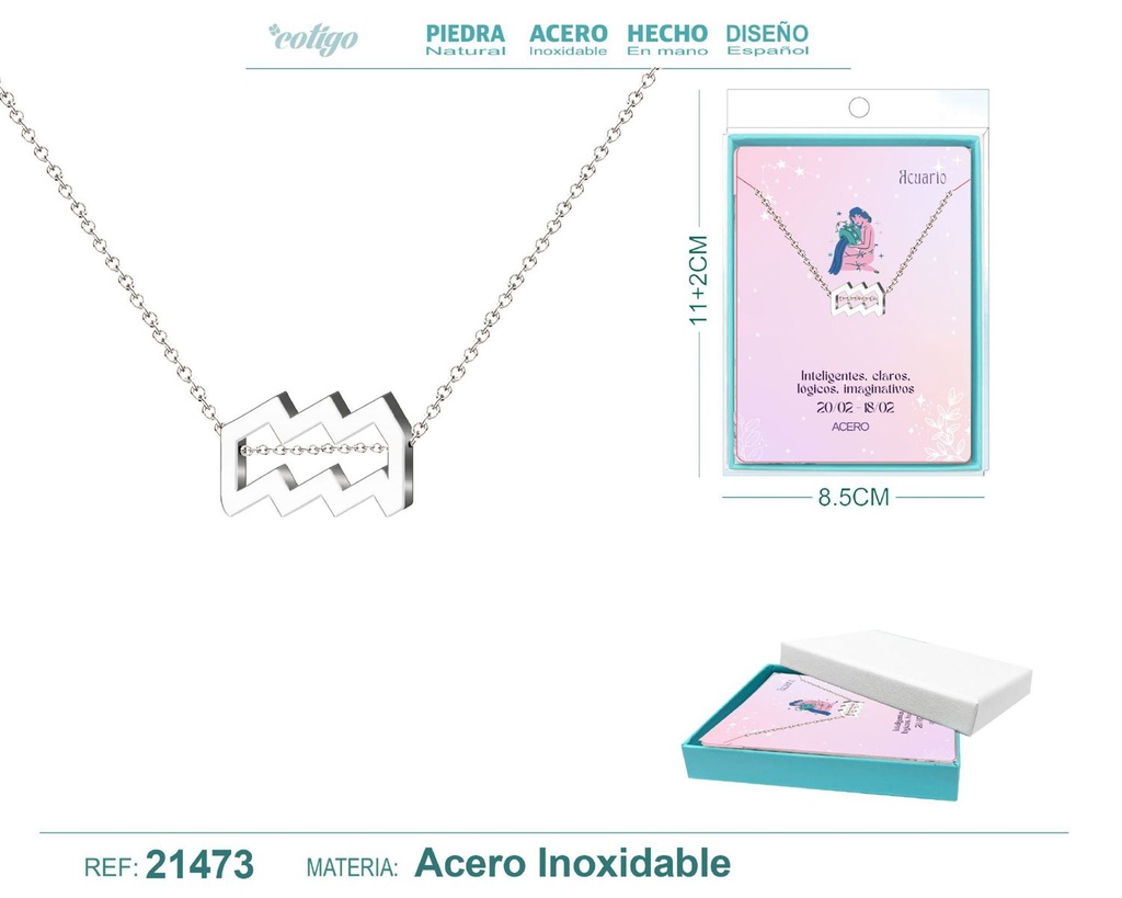 Collar Zodíaco Acuario en acero plateado - Joyería zodiacal