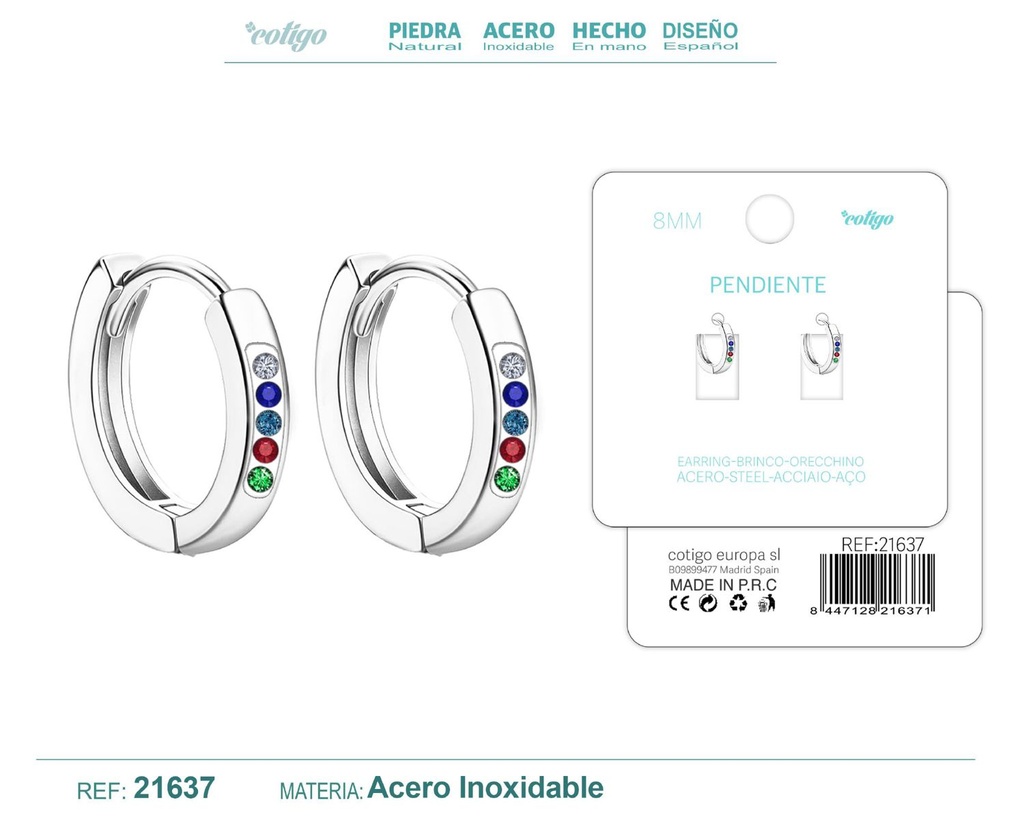 Aro de acero plateado 8 mm con circonita de colores - Joyería de aro