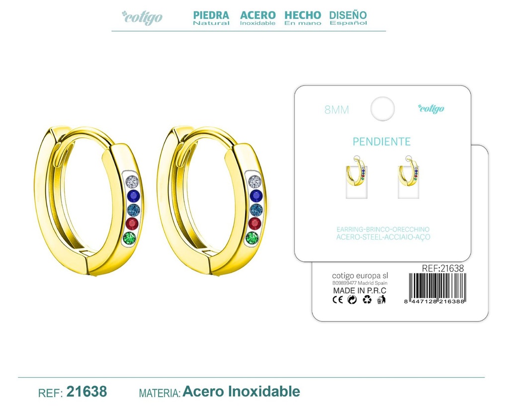 Aro de acero dorado 8 mm con circonita de colores - Joyería de aro