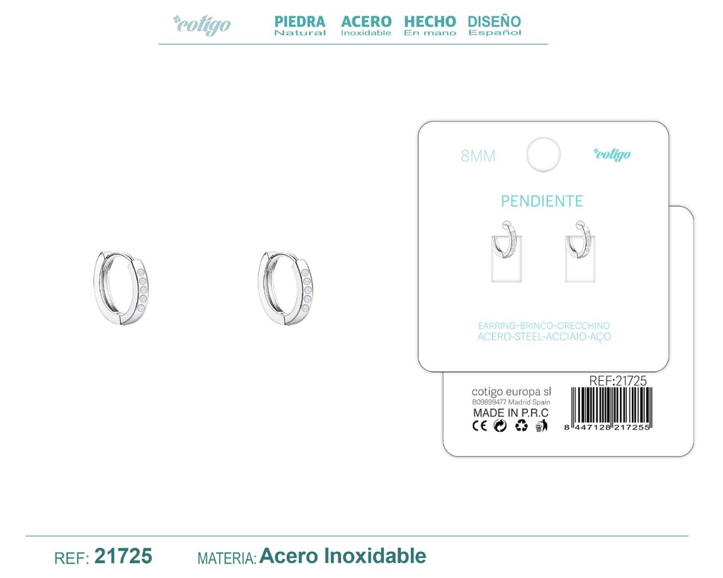 Aro de acero plateado de 8 mm con circonita transparente - Joyas y accesorios