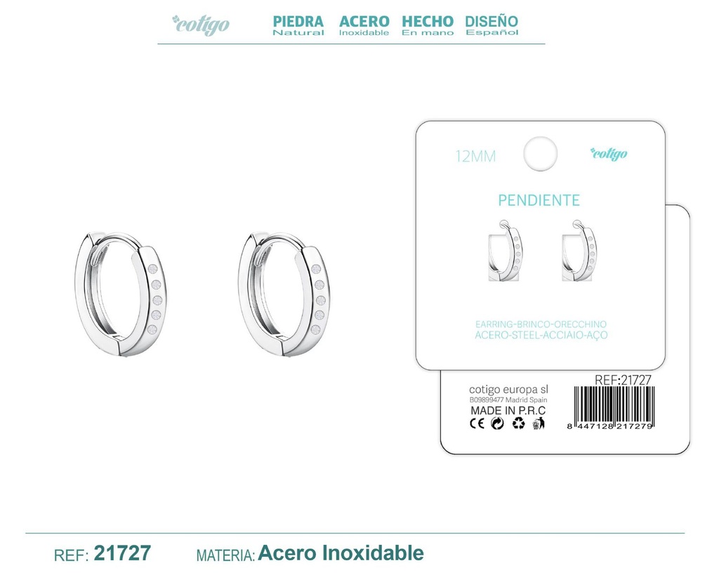 Aro de acero plateado de 12 mm con circonita transparente - Joyas y accesorios