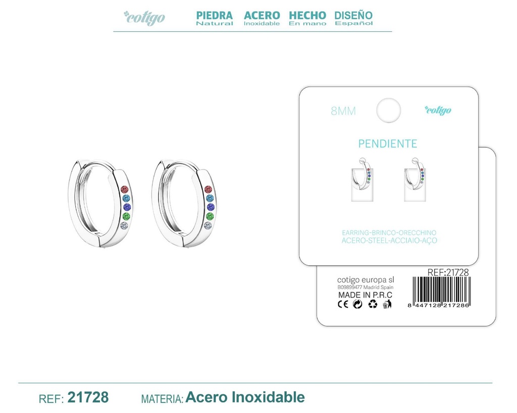 Aro de acero plateado de 8 mm con circonita de colores - Joyas y accesorios