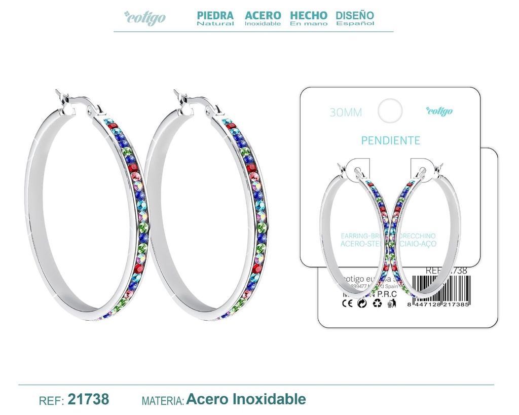 Aro de acero plateado de 30 mm con circonita de colores - Joyas y accesorios