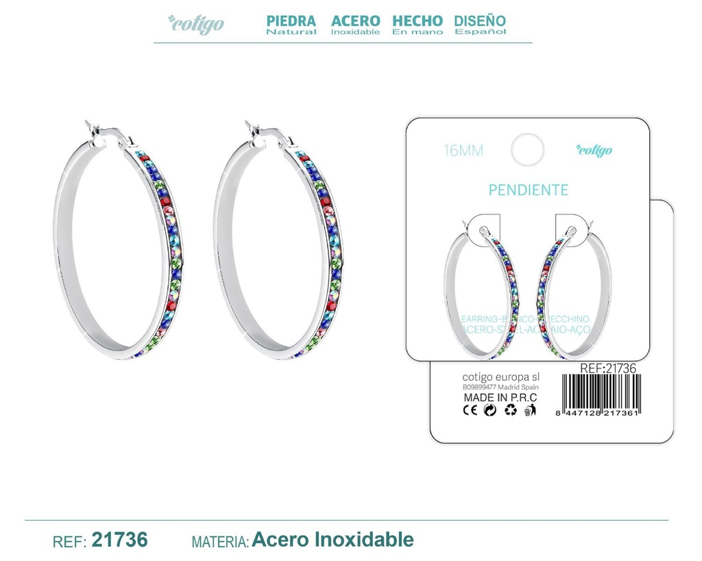 Aro de acero plateado de 16 mm con circonita de colores - Joyas y accesorios